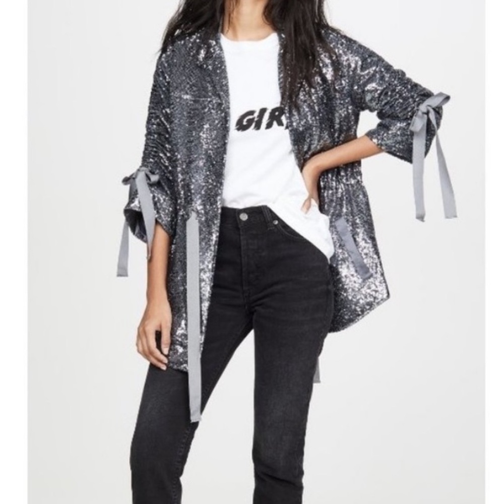 Cinq à Sept Mathieu Ruched Sequin Jacket Silver Tie Cocktail Size Medium